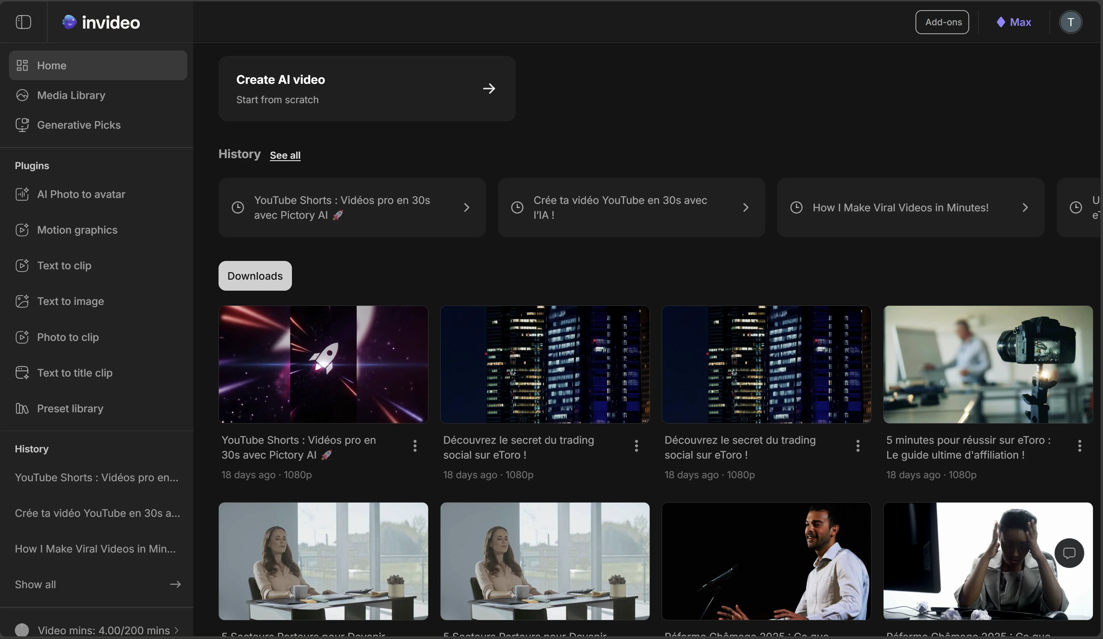 InVideo KI Szene Anpassung Dashboard