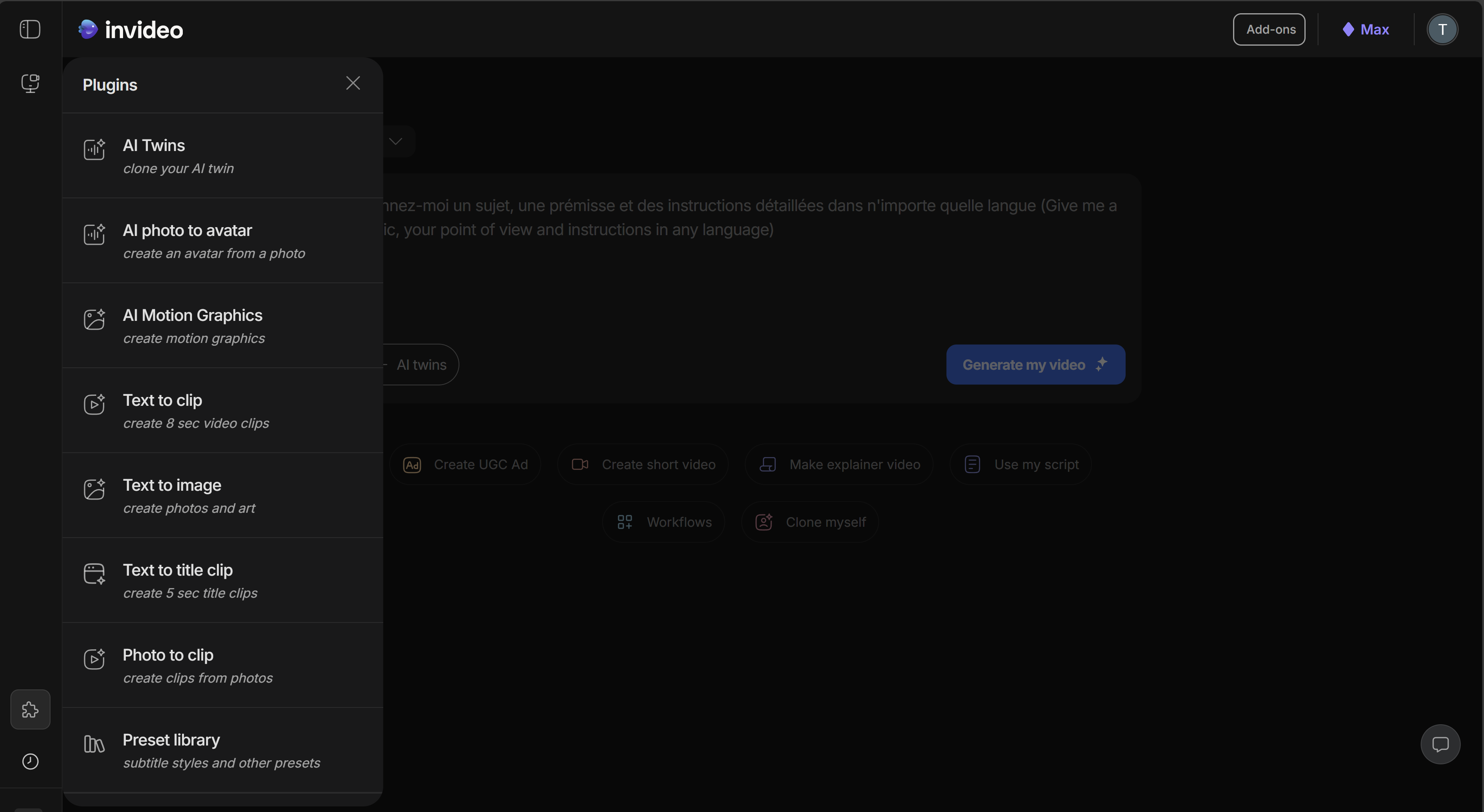 Interface de génération de script InVideo AI