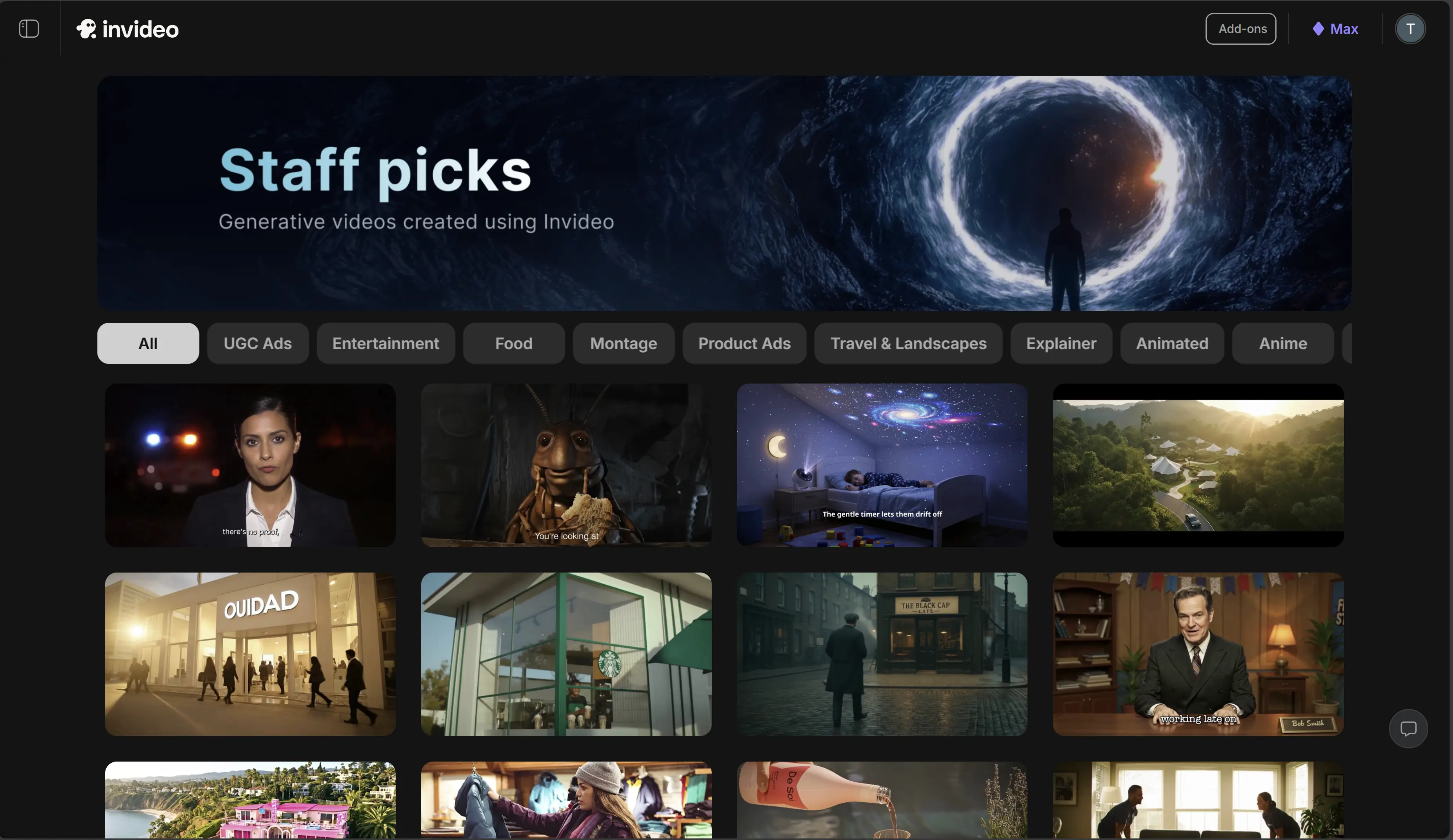 InVideo AI interface showing video creation dashboard